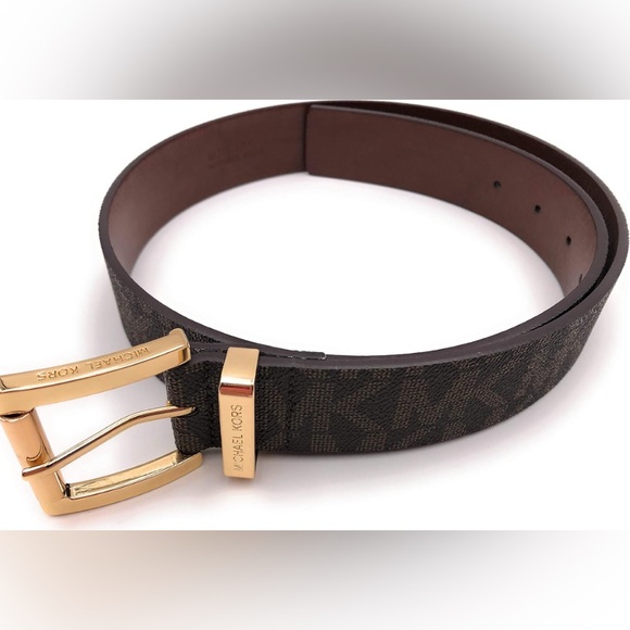 MICHAEL KORS BELT CHOCOLATE MK PRINTED LOGO GOLD SIZE MEDIUM - Picture 6 of 17